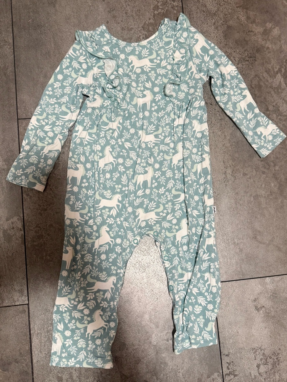 6-12 month Unicorn garden, long sleeve puff, ruffle button, snap onesie, romper